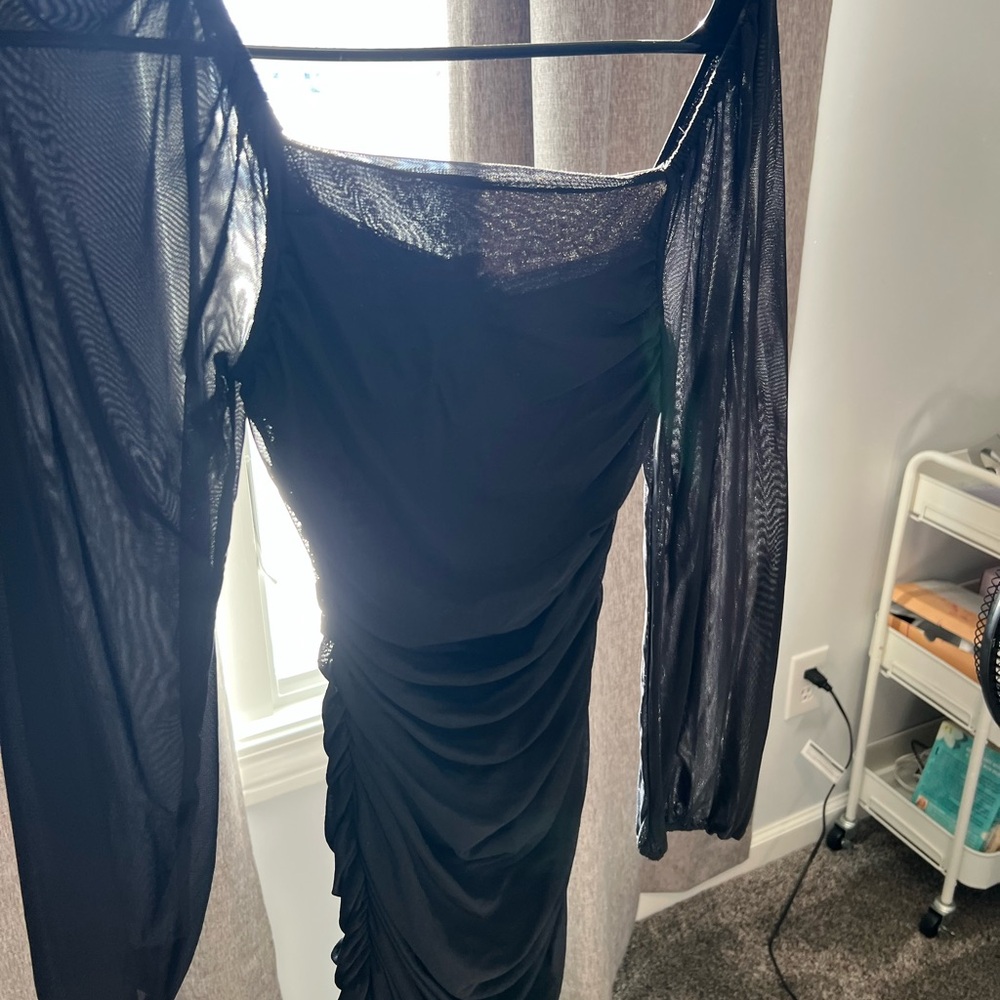 Amazon Black Ruched Mesh Sleeve Mini Dress